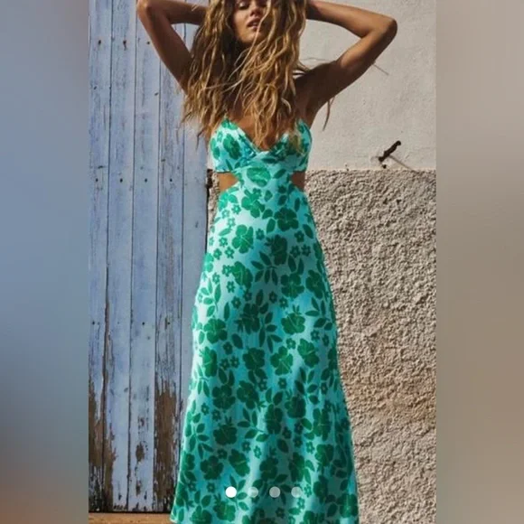 green emerald velvet dress ZARA. Long green floral dress, size XL – Hibuy market
